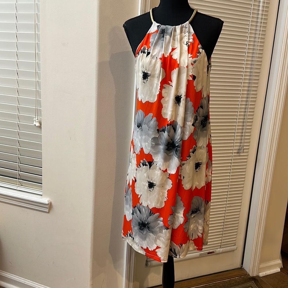 Calvin Klein Floral Print Pleated Neck Drap Front Gold Metal Halter Dress